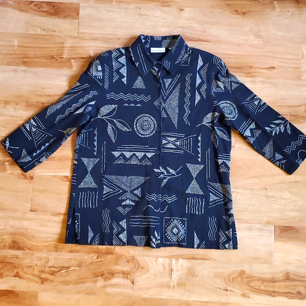 Tribal patterned, button up shirt, black and beige/cream, Large